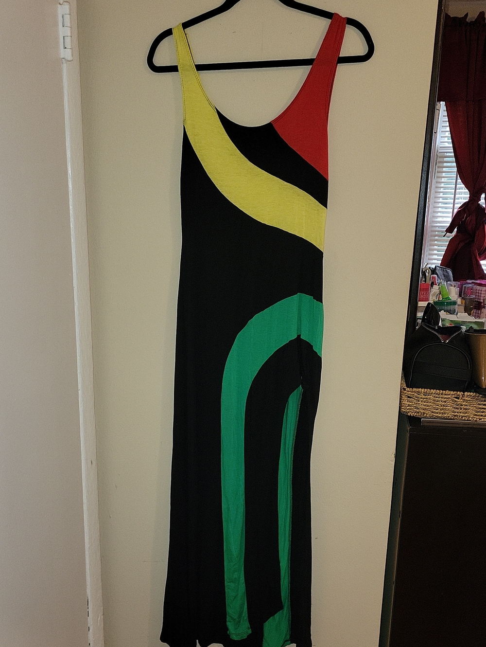 Black Maxi Dress with Red, Yellow & Green Colorblock Accents